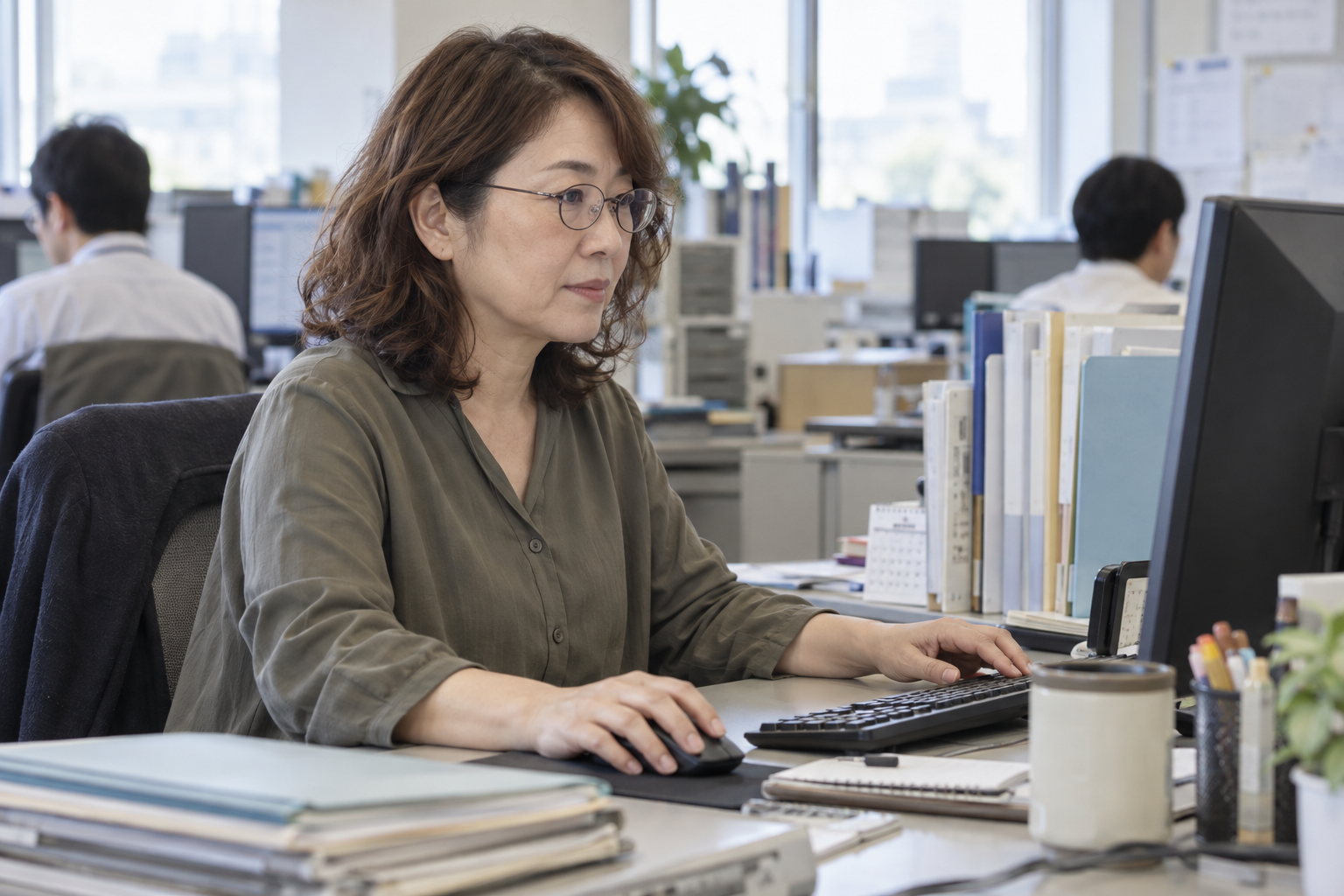 オフィスで業務アプリケーションを日々の仕事に活用する日本の社員のイメージ