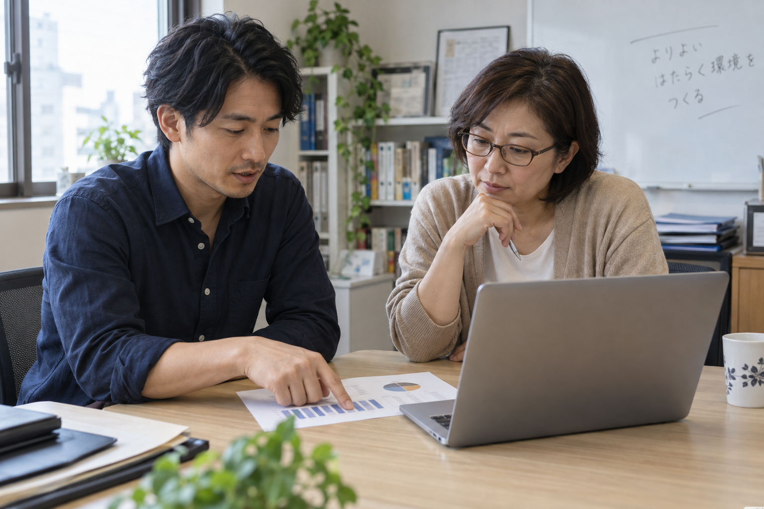 業務データを見ながら、課題の改善を検討する日本のビジネスチームのイメージ